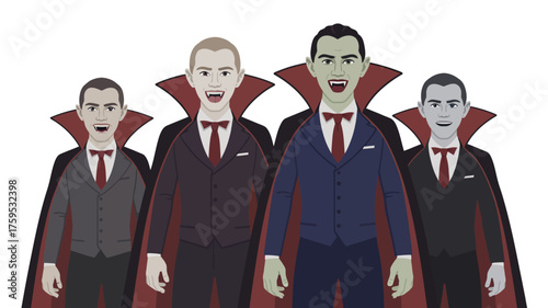 Four stylish vampires in suits and capes standing together