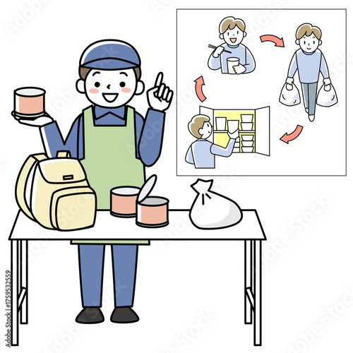 災害時の食料について説明する消防団員
