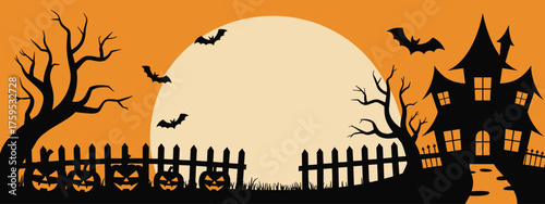 Haunted Halloween house, spooky night scene, glowing pumpkins, eerie full moon, flying bats, crooked fence, twisted trees, creepy path, horror celebration