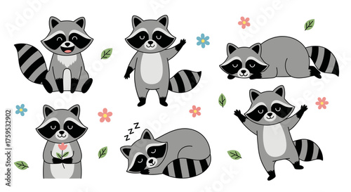 Collection of cartoon raccoons in various poses, including sitting, waving, sleeping, and holding a flower, with floral and leaf accents.