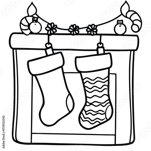Two Christmas stockings hanging on a fireplace mantel coloring page Keywords: christmas, stocking