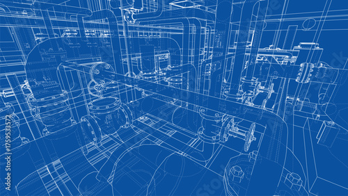 Complex Industrial Blueprint. Vector