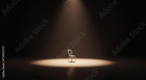 An empty, ornate chair sits alone in the center of a dark room, illuminated by a single spotlight, creating a dramatic and mysterious atmosphere, suggesting absence or anticipation