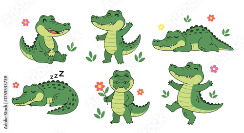Six cartoon crocodiles in various poses: sitting, waving, sleeping, holding a flower, and dancing, surrounded by flowers and leaves.