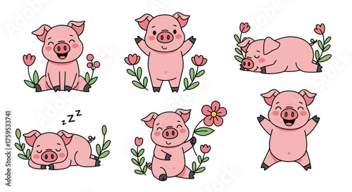 Six cartoon pigs in various poses: sitting, standing, sleeping, and holding a flower, surrounded by flowers and leaves.