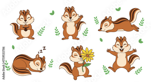 Six cartoon chipmunks in various poses, including holding a nut, waving, sleeping, and holding a flower, surrounded by green leaves.