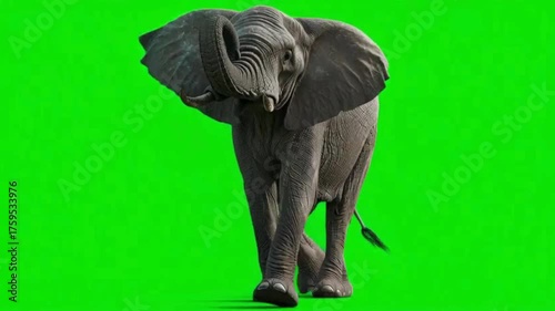 A majestic African elephant walks forward with its trunk raised in the air, isolated on a green screen for easy chroma keying