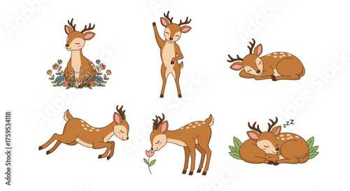 A collection of cartoon deer in various poses, including sitting, standing, sleeping, and interacting with flowers.