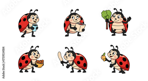 Six cartoon ladybugs depicted in various activities, including drinking, reading, gardening, eating, and playing sports.
