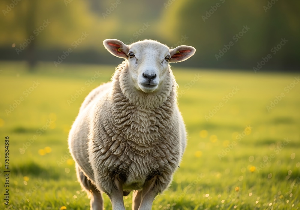 Fototapeta premium A fluffy white sheep stands in a vibrant green pasture, looking directly at the viewer during golden hour.