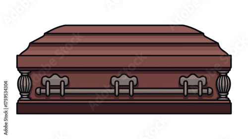 Classic ornate wooden coffin with metal handles and decorative accents