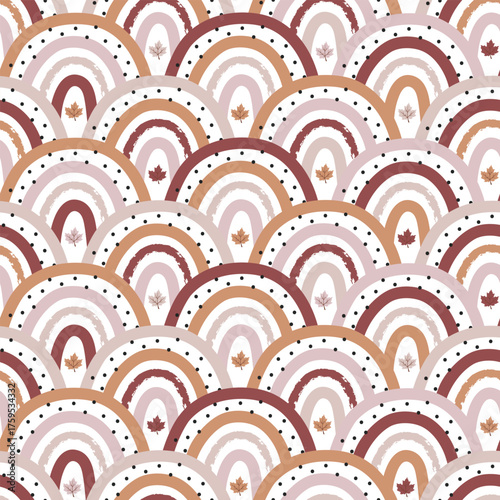 Cozy Fall Arches with maple Leaf Accents Seamless Pattern in warm autumn tones. Perfect for kids’ fabric, stationery, wallpapers, and seasonal digital designs.