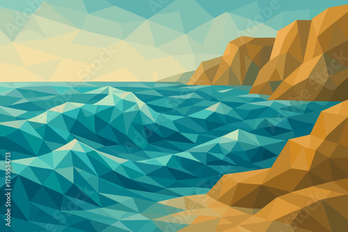 Waves shapes reflecting polygonal geometric angular vector illustration ocean shoreline