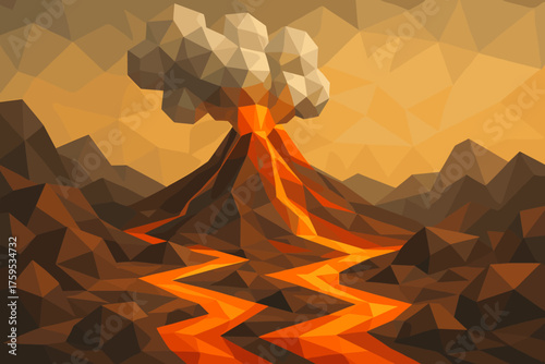 Volcanic geometric lava streams triangular illustration landscape smoke rocks clouds vector angular