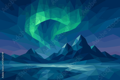 Vector geometric illustration mountains borealis angular polygonal above sky aurora snow landscape