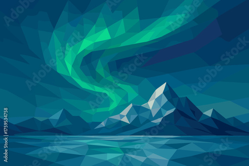 Illustration angular polygonal geometric snow above vector reflective landscape aurora faceted borealis
