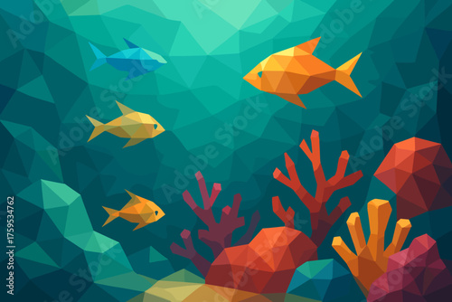 Geometric vector crystalline gradients polygonal faceted reef water coral rocks illustration
