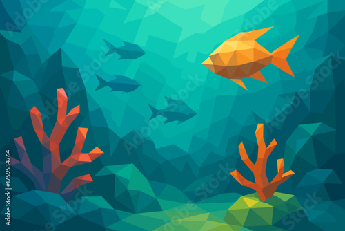 Vector polygonal fish underwater crystalline coral rocks reef gradients illustration geometric
