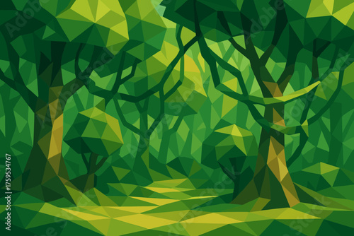Ground illustration jungle trees vines faceted geometric shadows angular polygonal vector lowpoly