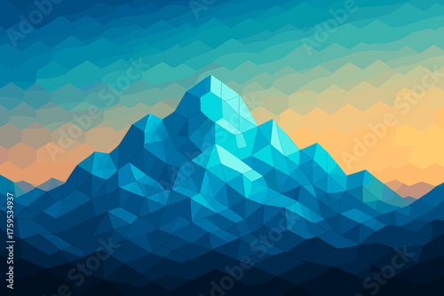 Landscape illustration hexagonal vector layered above mountain facets abstract glowing sky
