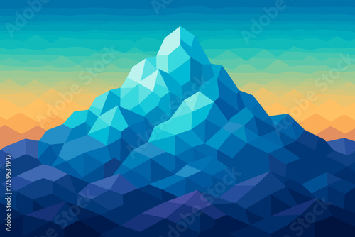 Hexagonal illustration glowing landscape sky vector layered gradient above built abstract mountain