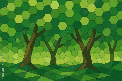 From canopy trunks faceted tree hexagonal built ground illustration forest vector