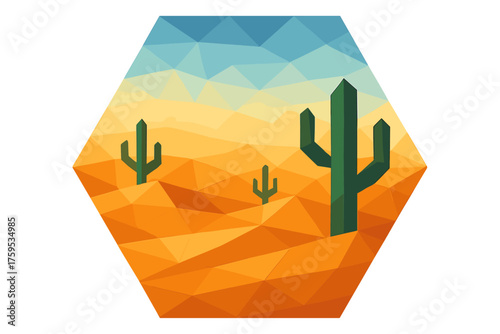Geometric illustration desert outlined hexagonal angular polygonal vector landscape facets gradient cactus