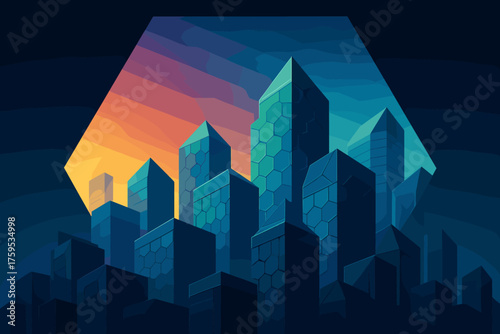 City gradient sky vector building cityscape polygonal illustration hexagonal facades futuristic