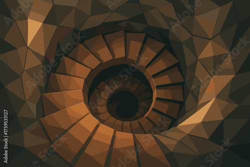 Abstract illustration angular spiral staircase accents polygonal underground light walls stone vector