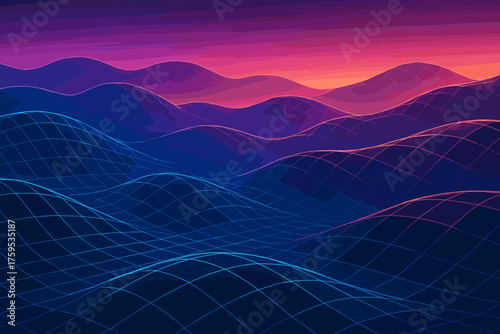 Angular illustration vector glowing lighting rolling meshes hills gridwave landscape represented