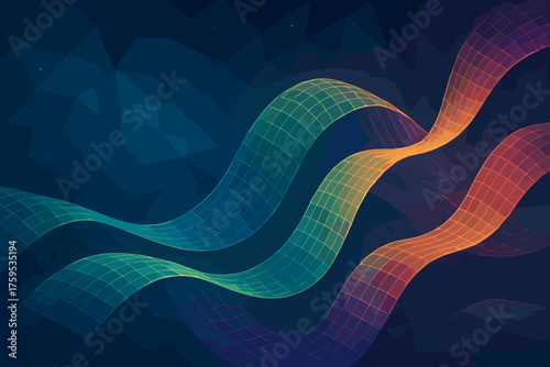 Gradients vector ribbons illustration across polygonal bending night geometry faceted gridwave aurora
