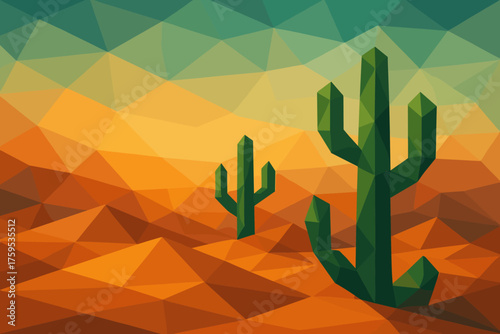 Abstract angular faceted dunes horizon landscape illustration cactus triangular scene geometric vector
