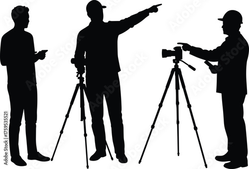 Camera crew with tablet and tripod silhouette cartoon illustration, symbolic coordination and expressive gesture artwork for media and documentation design
