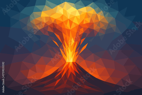 Illustration clouds lava faceted triangular volcano smoke vector glowing abstract eruption