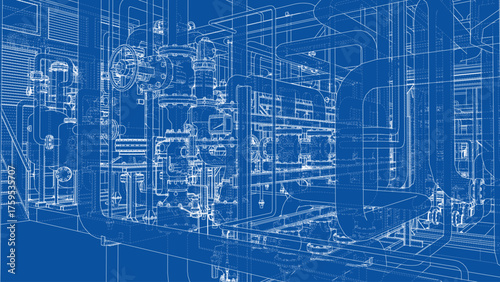 Complex Industrial Blueprint. Vector