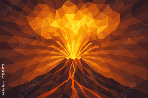 Outward eruption faceted polygonal volcanic illustration glowing streams vector radial lava