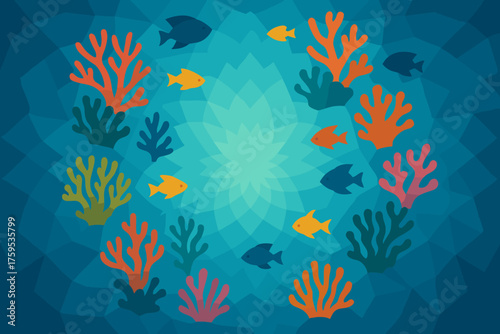 Scene symmetry corals vector across polygonal illustration abstract coral radial fish
