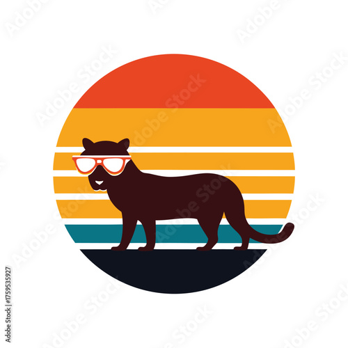 Retro Sunset Panther with Sunglasses Vector Illustration on white background