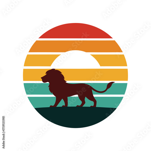 Retro Sunset Lion Silhouette Vector Illustration on Vintage Striped Background
