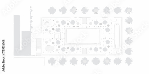 Architectural plan view of a modern building with a swimming pool and surrounding garden landscape design