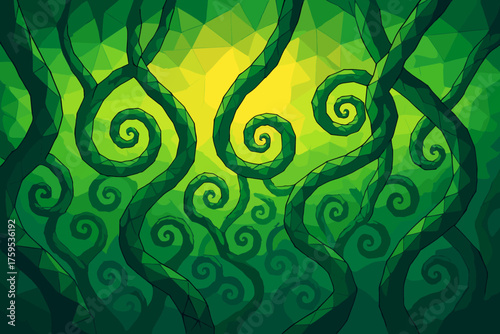 Vector glowing gradients canopy illustration faceted polygonal jungle fractal vines