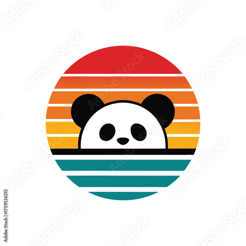 Minimalist Panda Head Peeking from Retro Sunset Horizon Vector Graphic