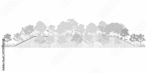 Stylized grayscale illustration of a forest landscape with a retaining wall and pathways