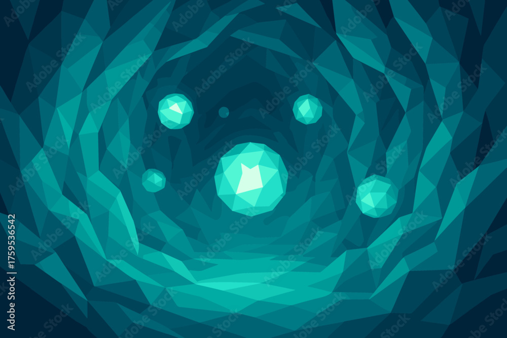 Fototapeta premium Geometric interior between vector angular crystalline glowing faceted walls illustration spheres
