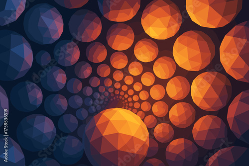 Glowing perspective vector tunnel polygonal abstract receding illustration spheres gradients reflecting into