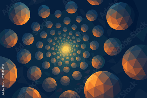 Reflecting faceted gradients spherical polygonal glowing illustration perspective tunnel into surfaces vector