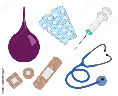3d medical icons. Isolated hospital ambulance tools, pills and drugs. Plasticine medicine and pharmacy elements, pithy vector realistic set. Edema, patches, syringe and stethoscope, pills.