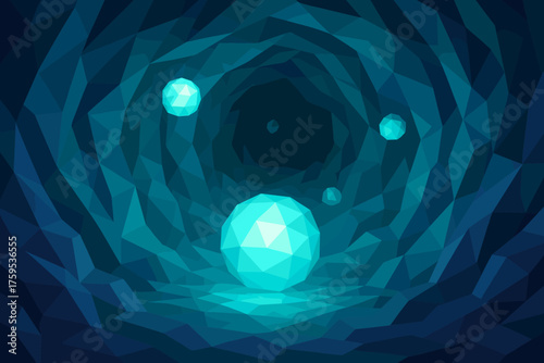 Crystalline vector cave luminous spheres glowing walls interior floating faceted illustration geometric