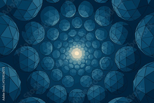 Geometric infinite perspective tunnel spheres glowing illustration interlocking polygonal vector