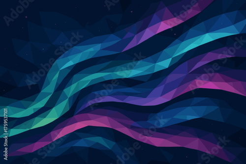 Geometric illustration flowing faceted vector patterns aurora arranged sky across ribbons polygonal